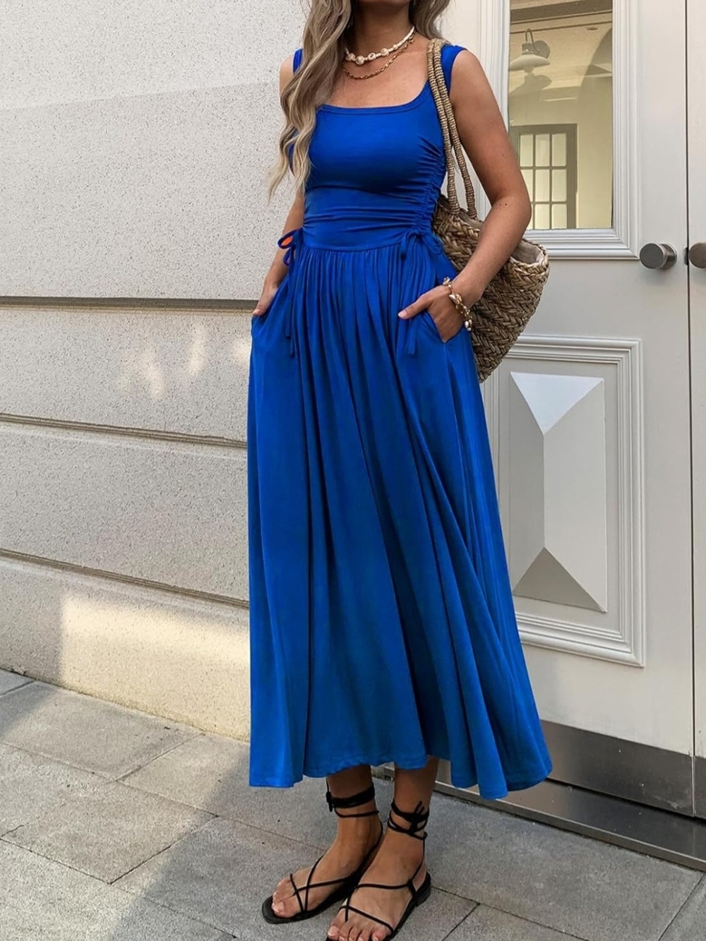 Women’s Boho Summer Maxi Dress with Pockets, Adjustable Waist, Sleeveles
